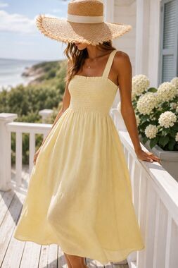 Made in Italy Linen Midi Dress Women Yellow Smocked Boho Sundress Size M